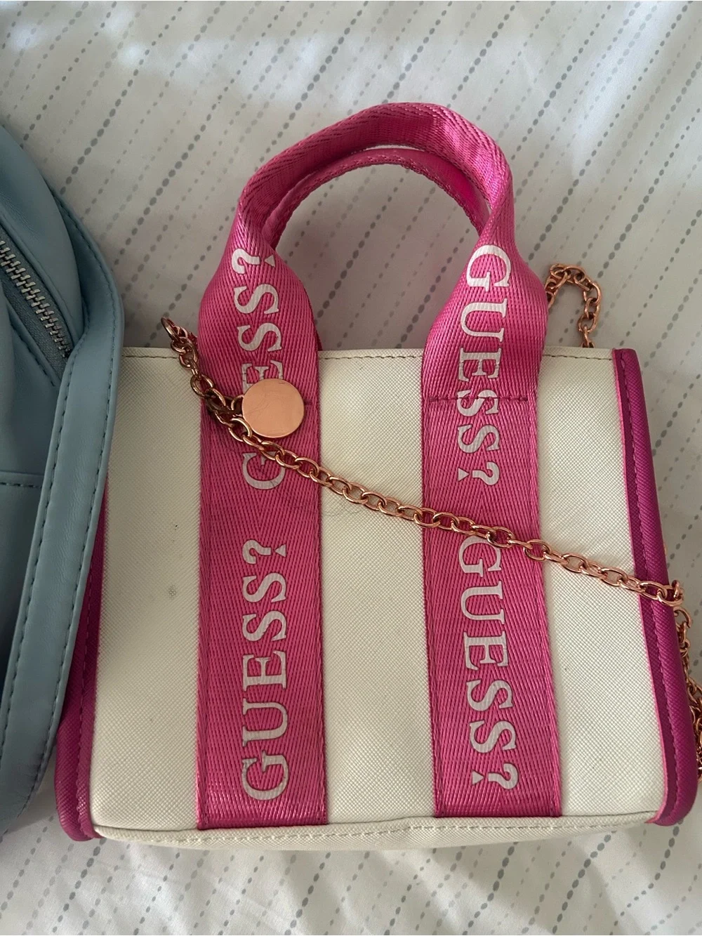 GUESS Light Blue Quilted Mini Backpack with Pink & White Logo Tote